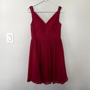 Azazie red knee length v-neck formal dress chiffon style ruched prom size small